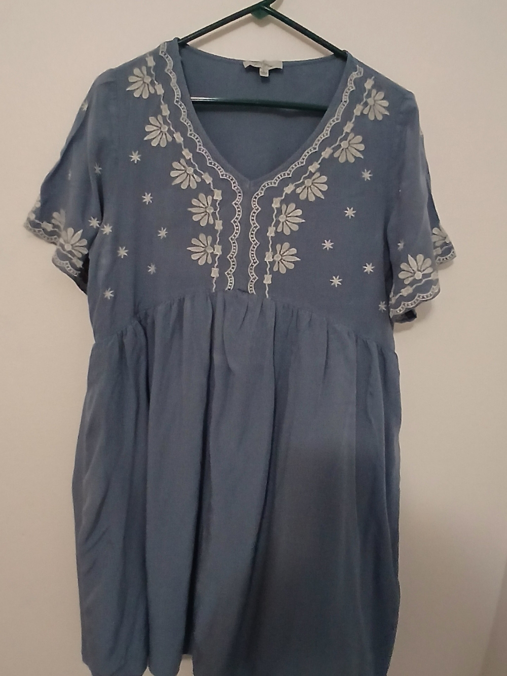 POLAGRAM Blue Dress With White Embroidery